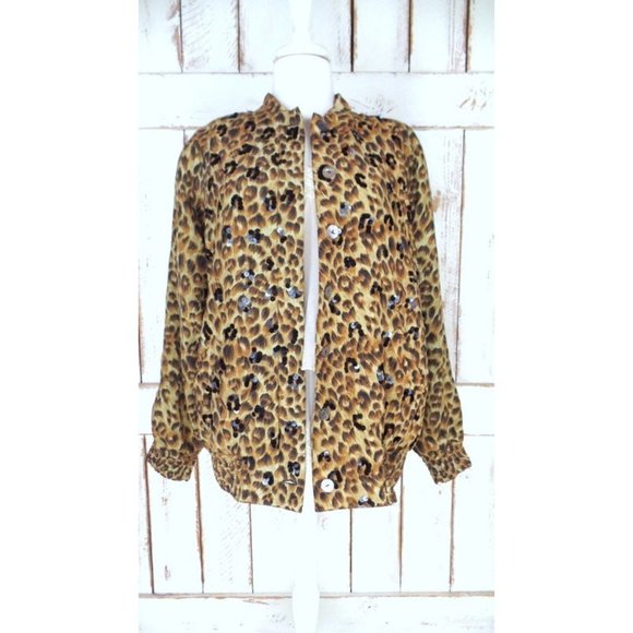 Vintage leopard print sequin beaded silk  windbreaker jogging puffer jacket silk - Picture 2 of 5